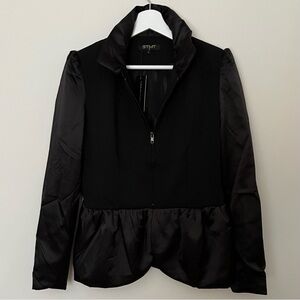 STMT • L • Black Zip Up Blazer Jacket Satin Collar & Sleeve
